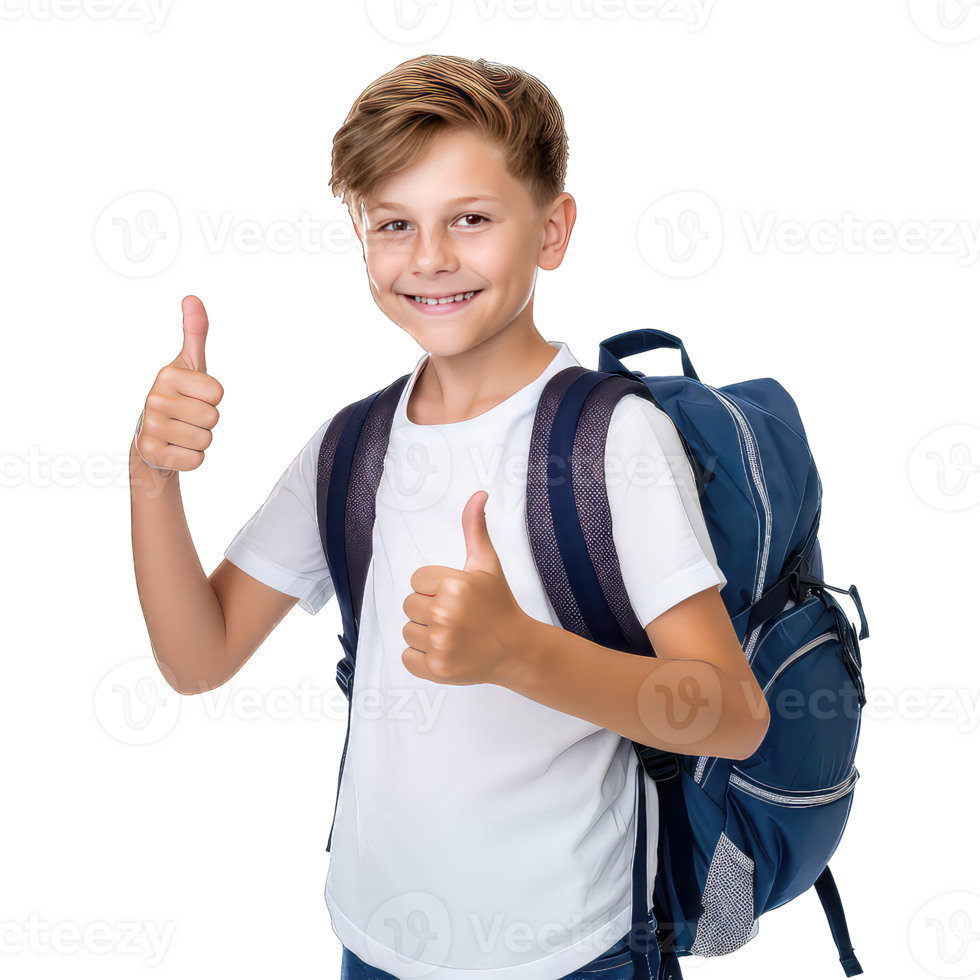 Portrait of a smiling schoolboy with backpack showing thumbs up on transparent background png