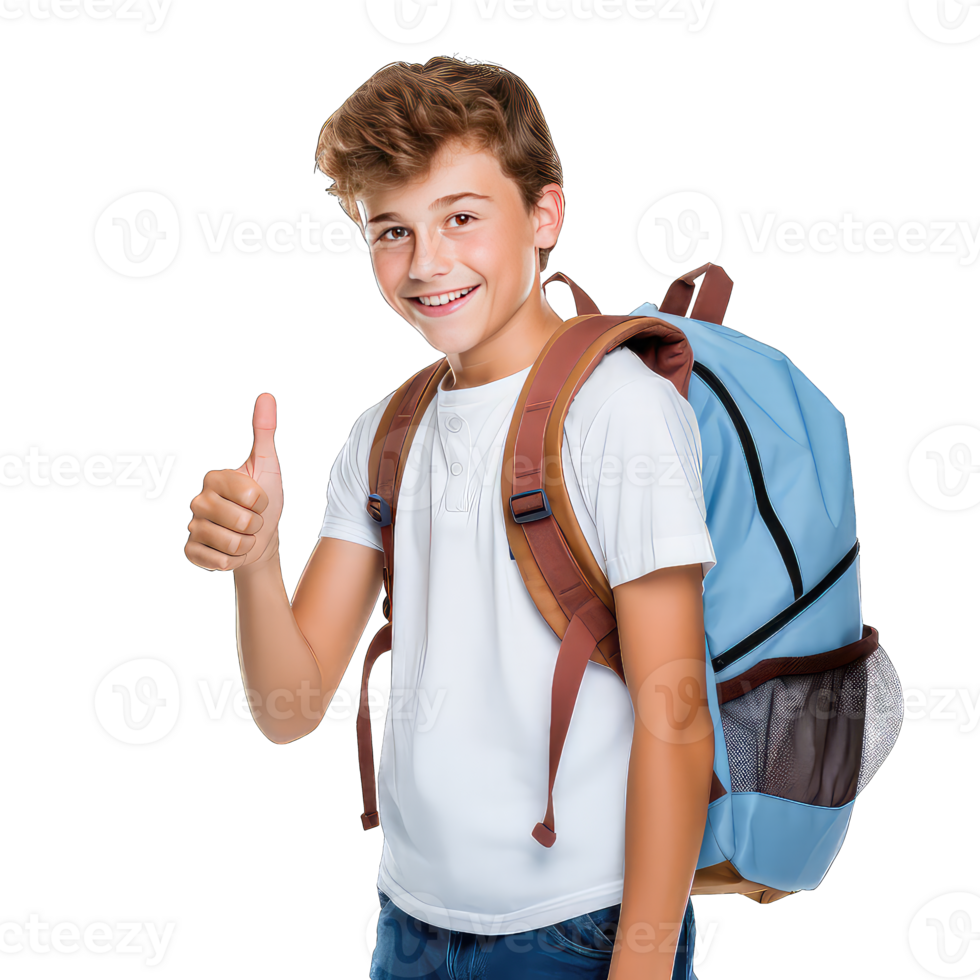 Portrait of a smiling schoolboy with backpack showing thumbs up on transparent background png