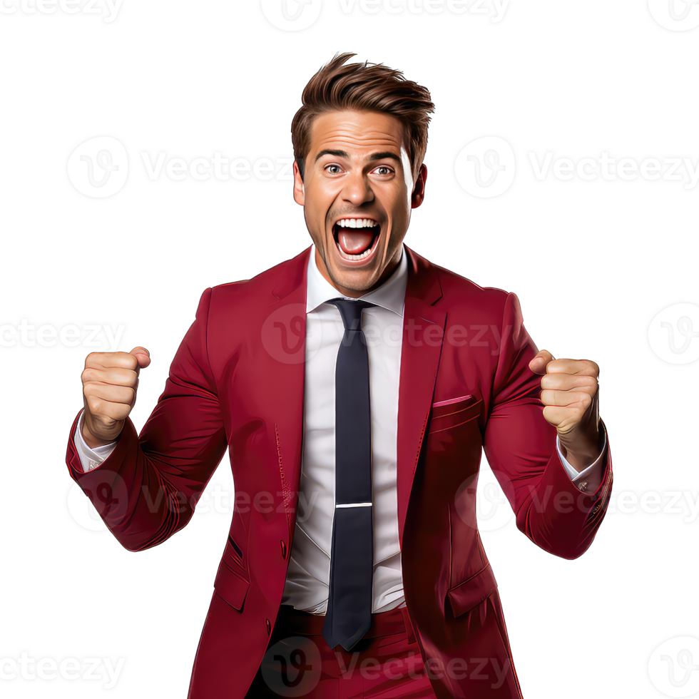 excited young business man in red suit looking at camera and clenching fists on transparent background png