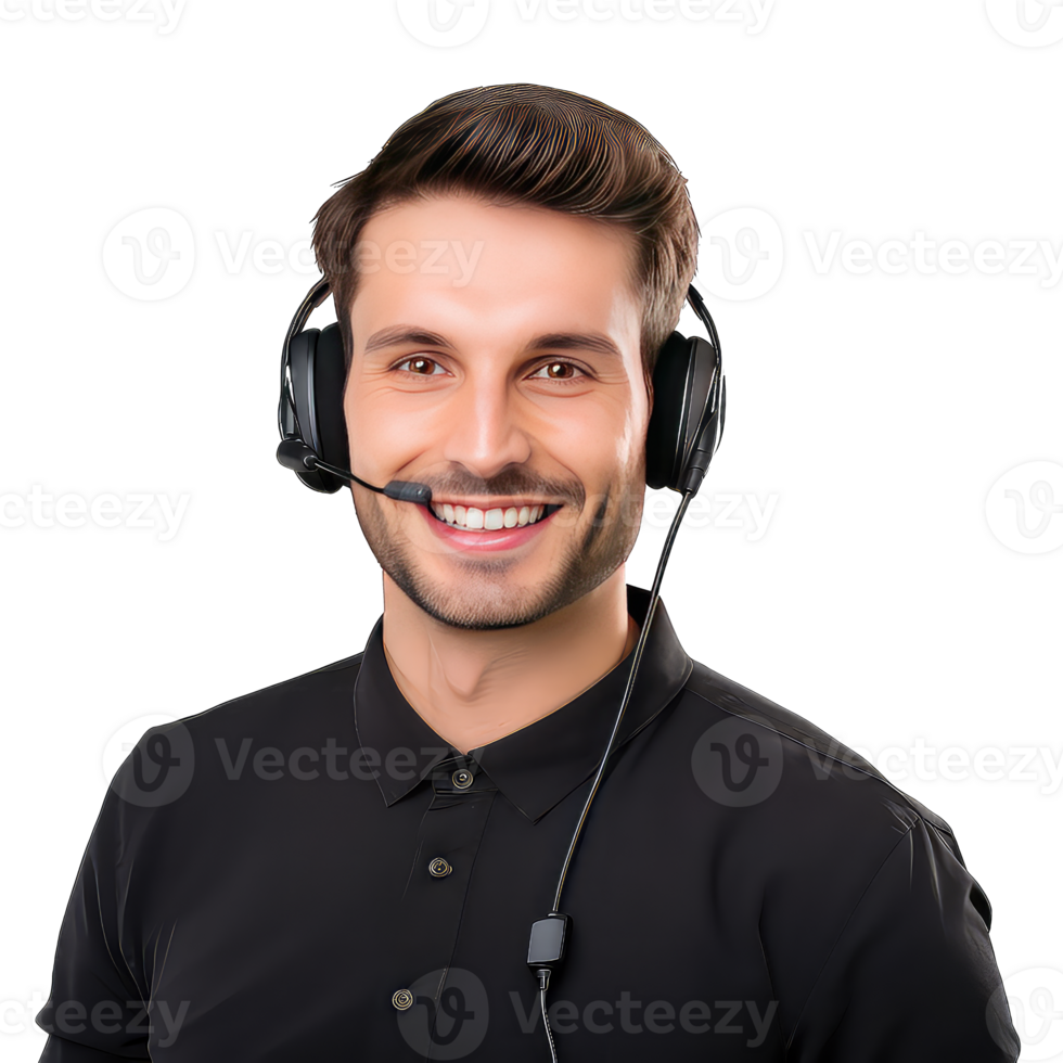 Young happy smiling customer support phone operator in headset on