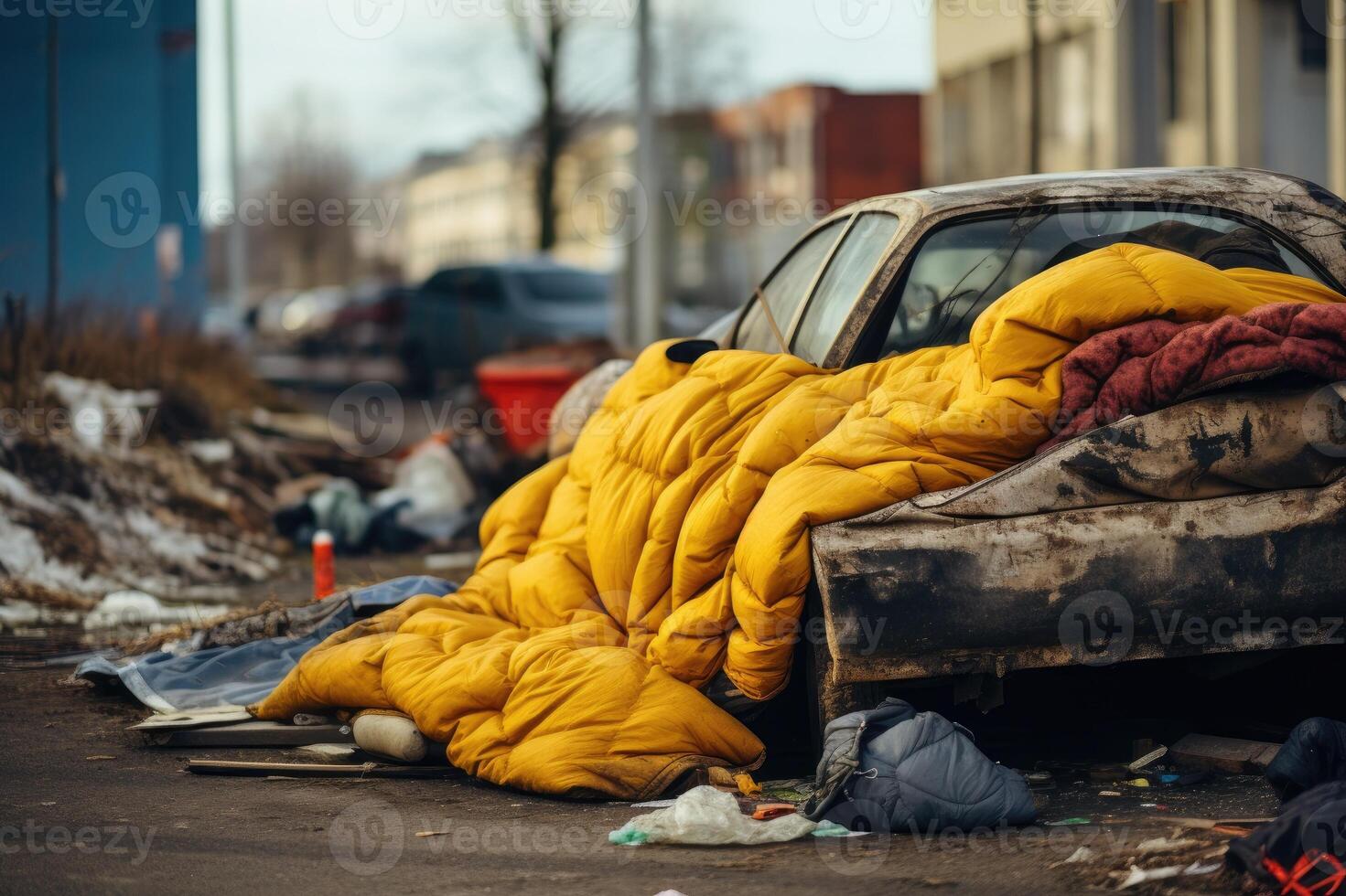 Homeless person living place with ragged discarded old broken bed with an dirty mattress and bedding. photo