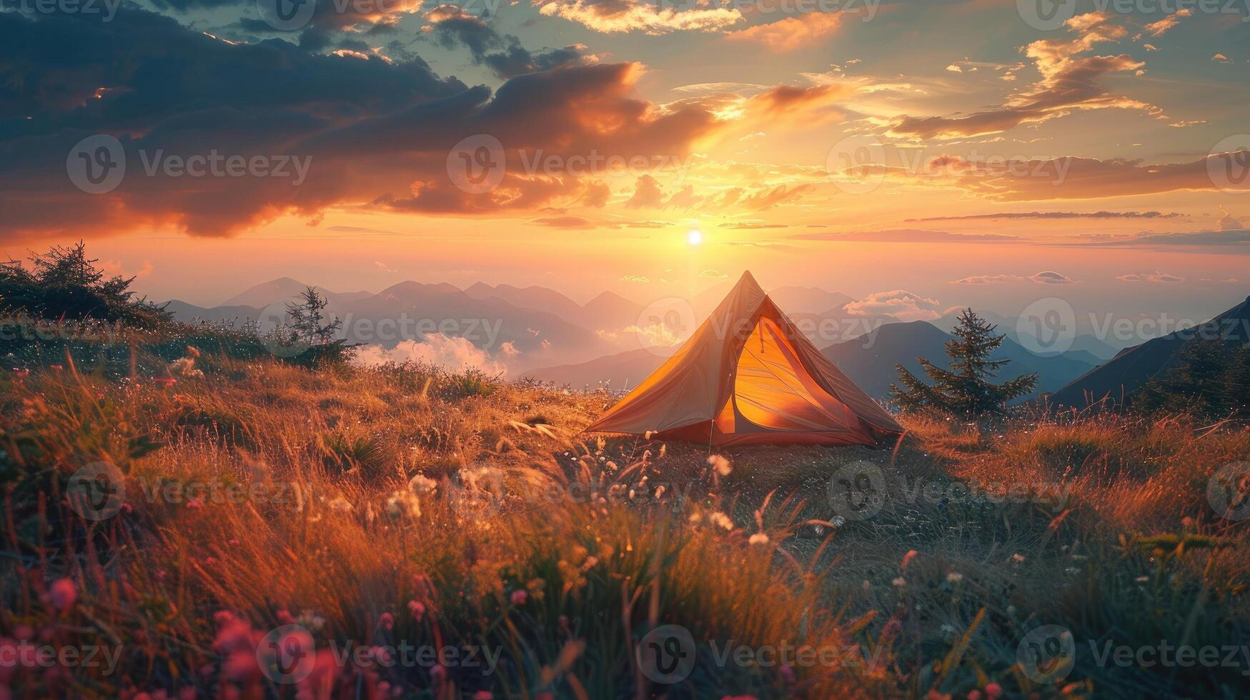 Sunset view with tent on mountain ridge photo