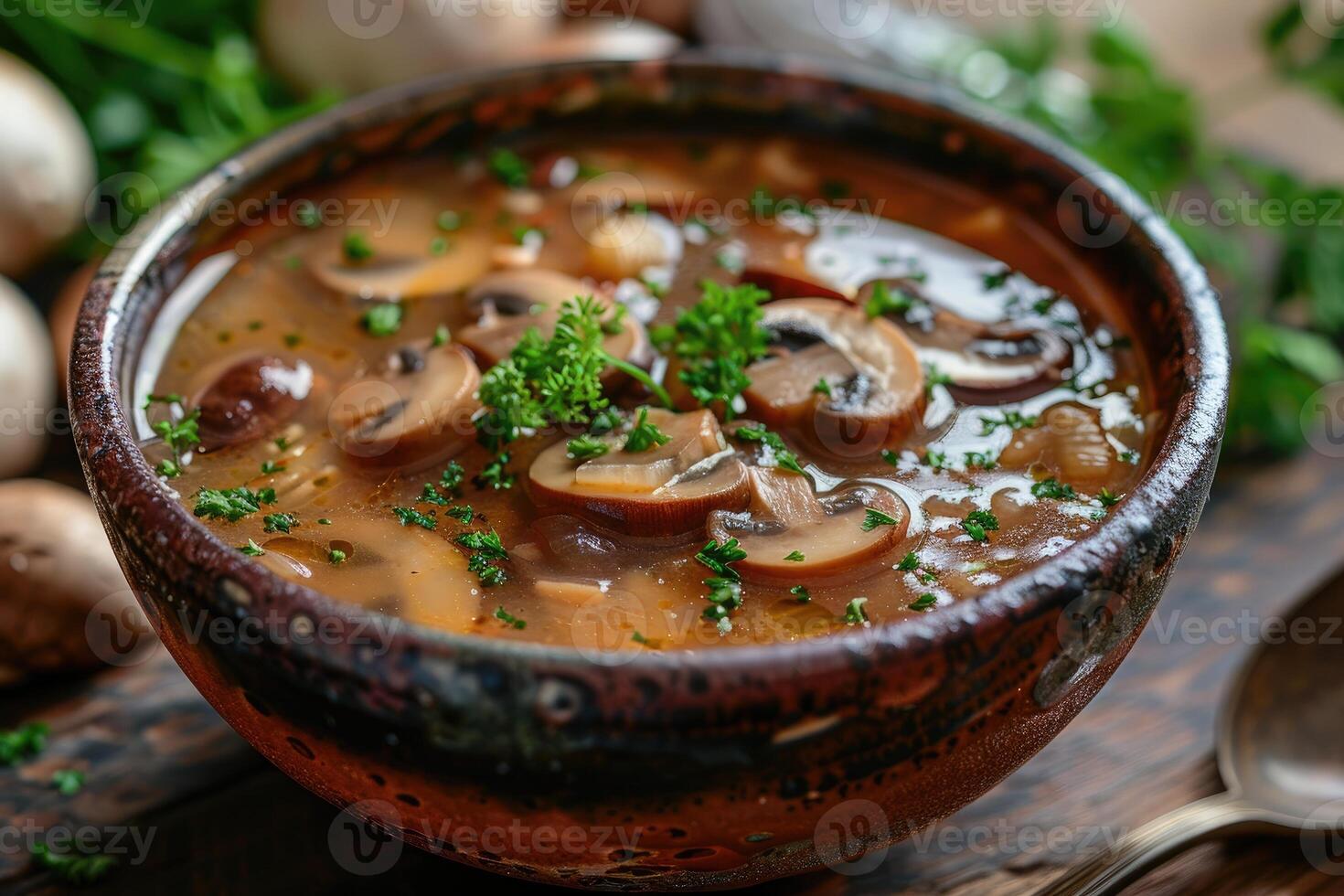 Spicy mushroom soup with in a bowl. photo