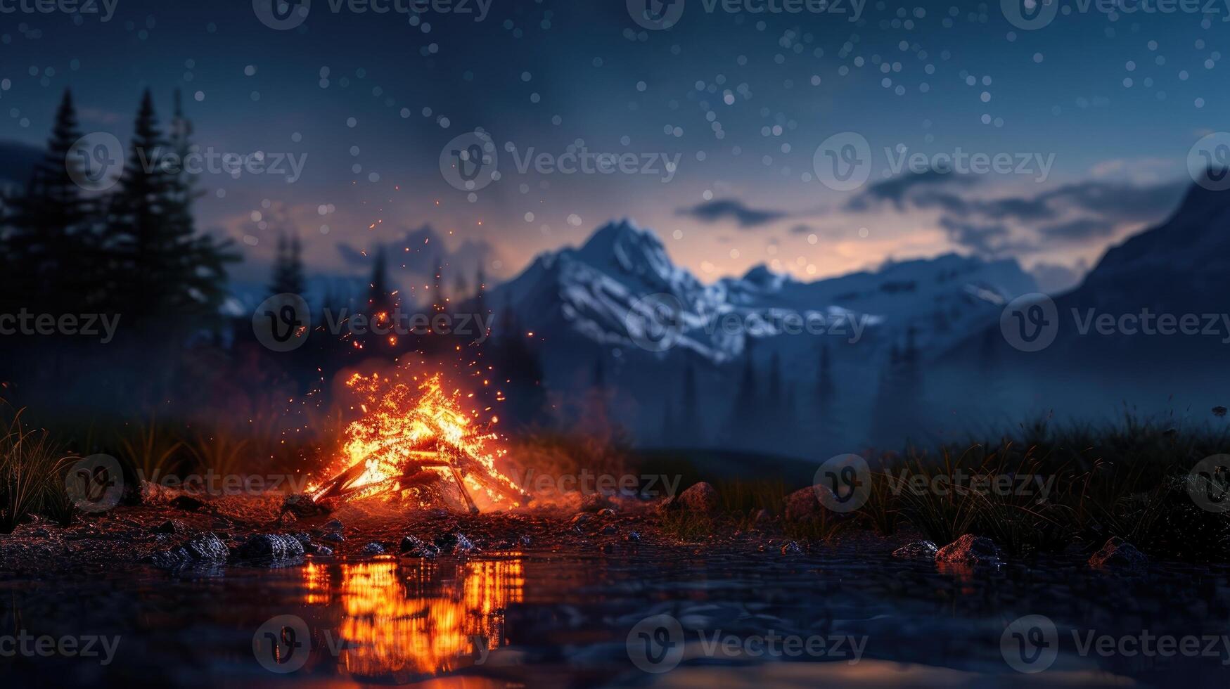 Glowing campfire with sparks by a calm lake during a colorful sunset photo