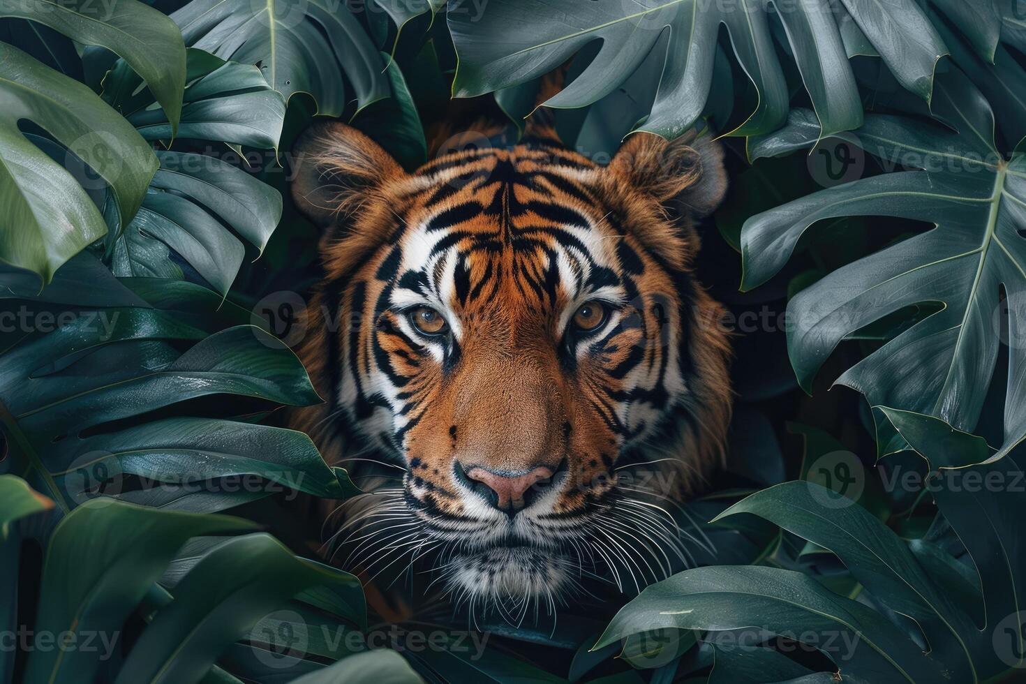 A majestic tiger staring intently from behind lush green tropical leaves photo