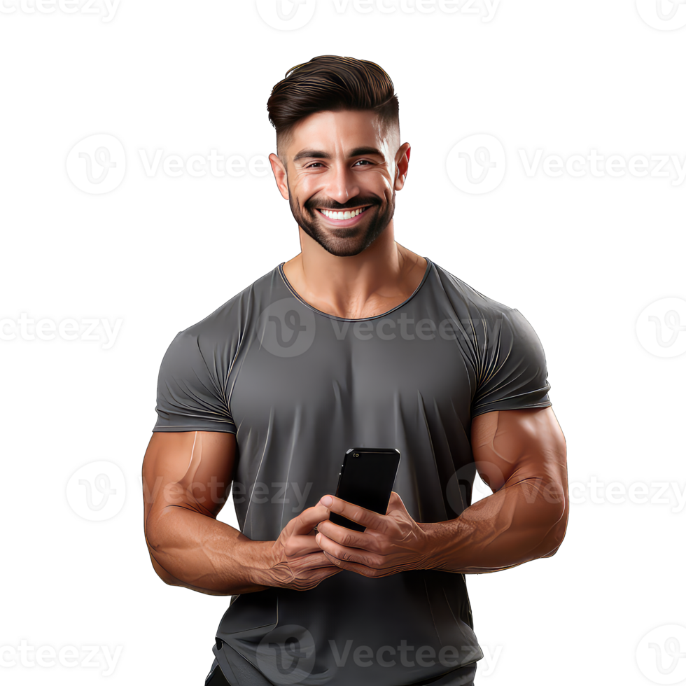 Portrait of happy young man using mobile phone on transparent background png