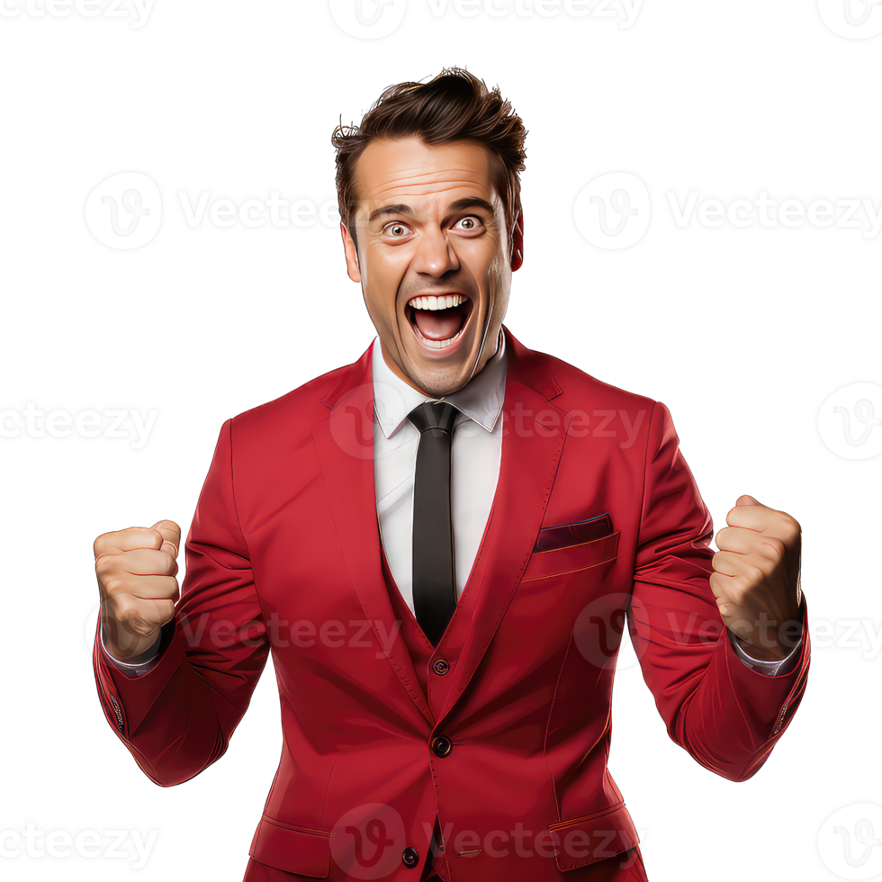 excited young business man in red suit looking at camera and clenching fists on transparent background png