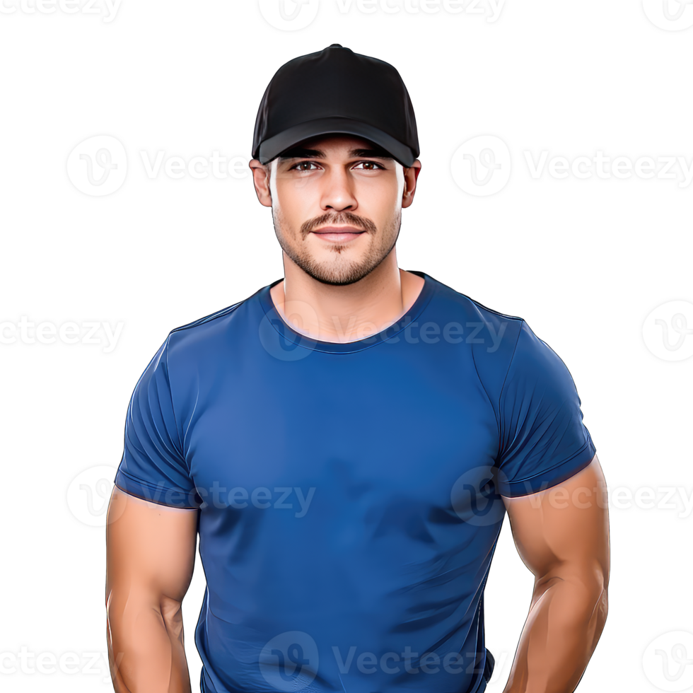 Portrait of a handsome man wearing a cap and blue tshirt on transparent background png