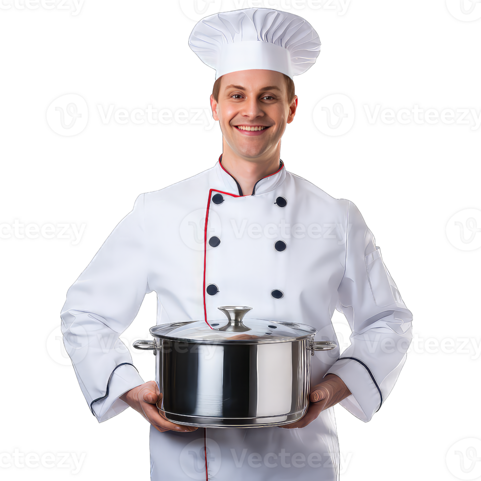 cooking profession and people concept - happy male chef cook with pot on transparent background png