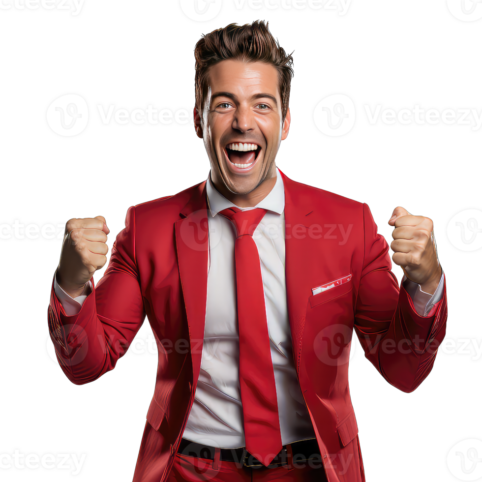 excited young business man in red suit looking at camera and clenching fists on transparent background png