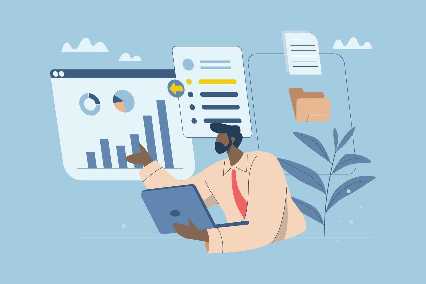 Analyze and verify, Business data analysis and monitoring, Statistics tracking management, Online communication, Businessman checking big data on dashboard or website page, design illustration. vector