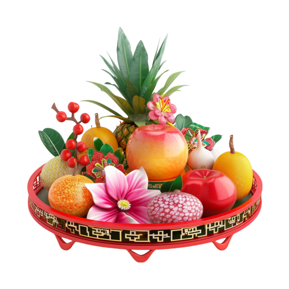a plate with fruit and flowers on it AI-Generated png