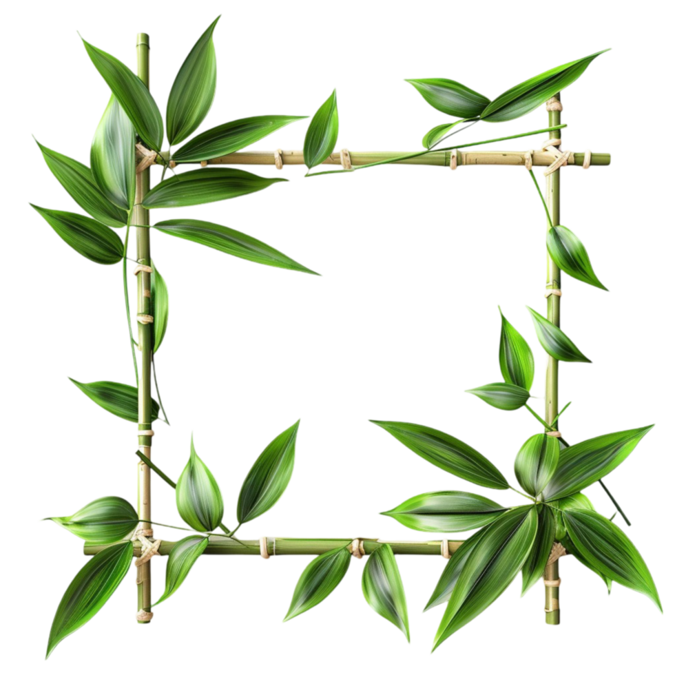 bamboo frame with leaves and branches on transparent background AI-Generated png