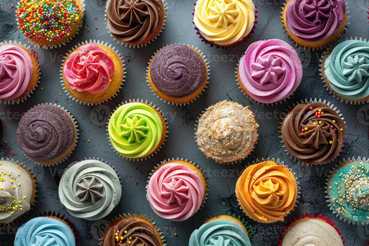 Assorted colorful cupcakes arranged closely photo