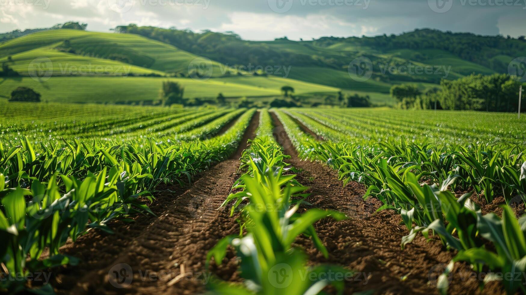 Springtime corn field with fresh, green sprouts. Agricultural field photo