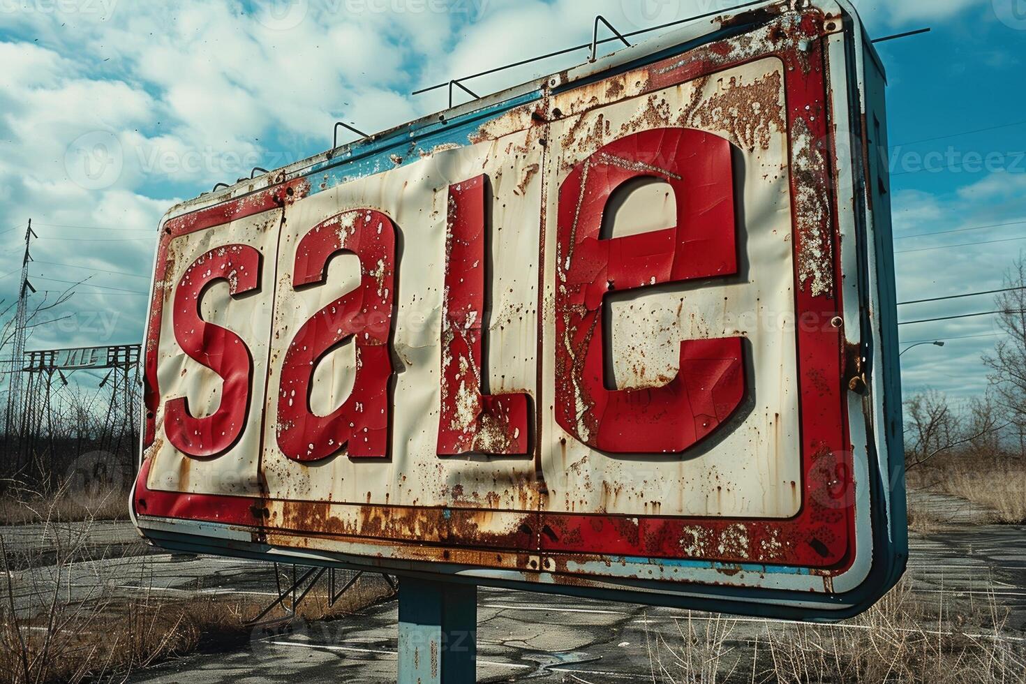 Rusty vintage sale sign in a desolate area photo