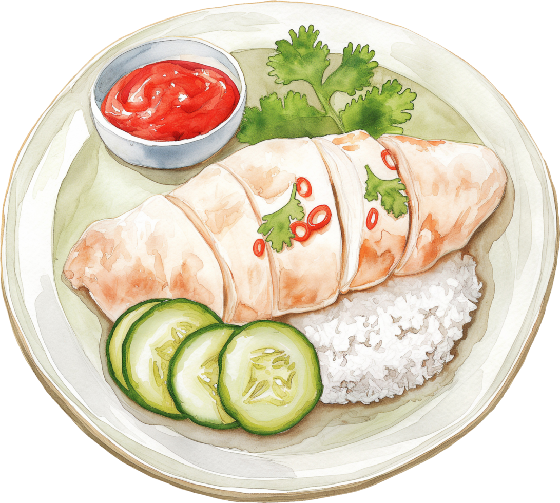 Hainanese Chicken Rice, poached chicken and seasoned rice, served with chili sauce and usually with cucumber garnishes png