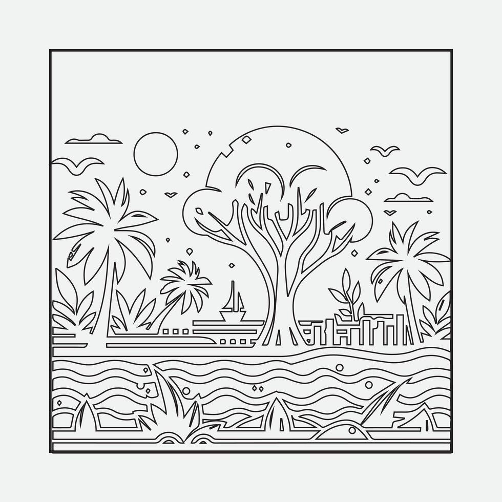 Draw a sketch of a beach scene with a neat outline vector