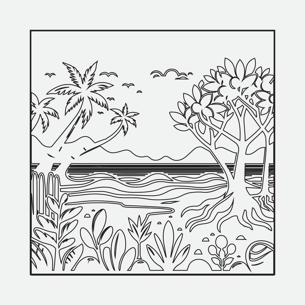 Draw a sketch of a beach scene with a neat outline vector