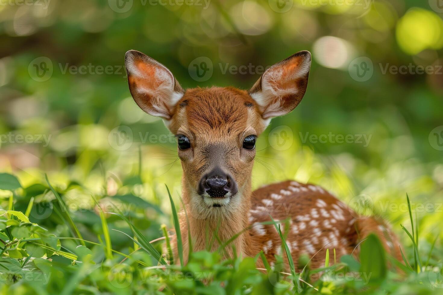 Adorable fawn resting in green meadow photo