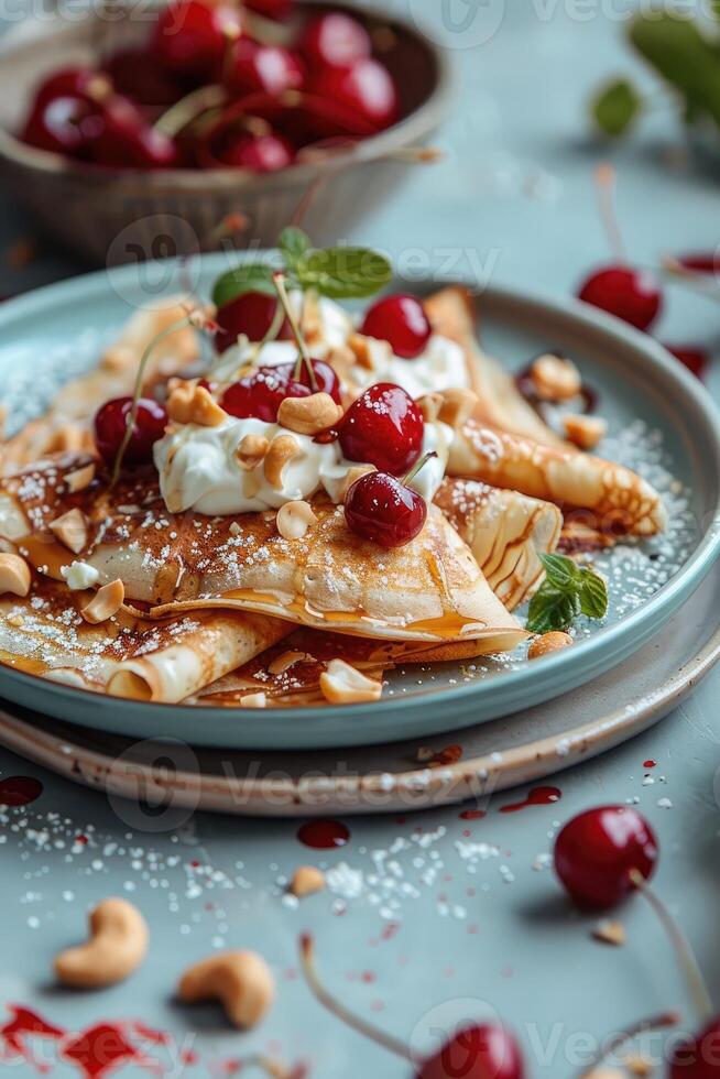 Stack of pancakes topped with cherries photo