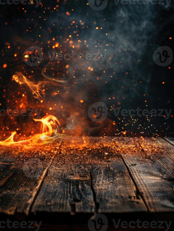 Wooden table with fire burning at the edge of the table on a dark background to display products photo