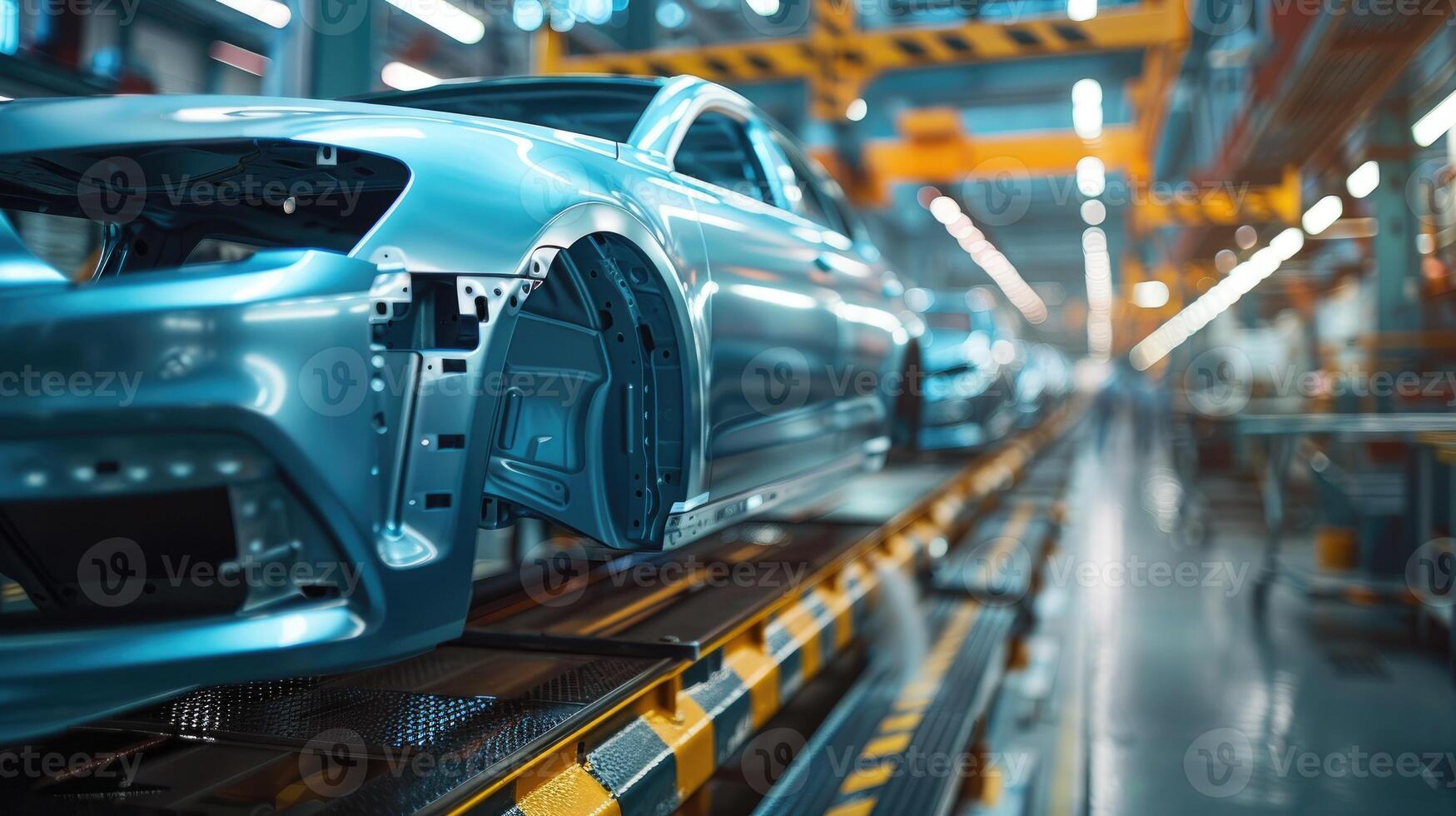 Car body on an automotive assembly line in a factory before paint is applied. Movement of vehicles along the production line at the plant. photo