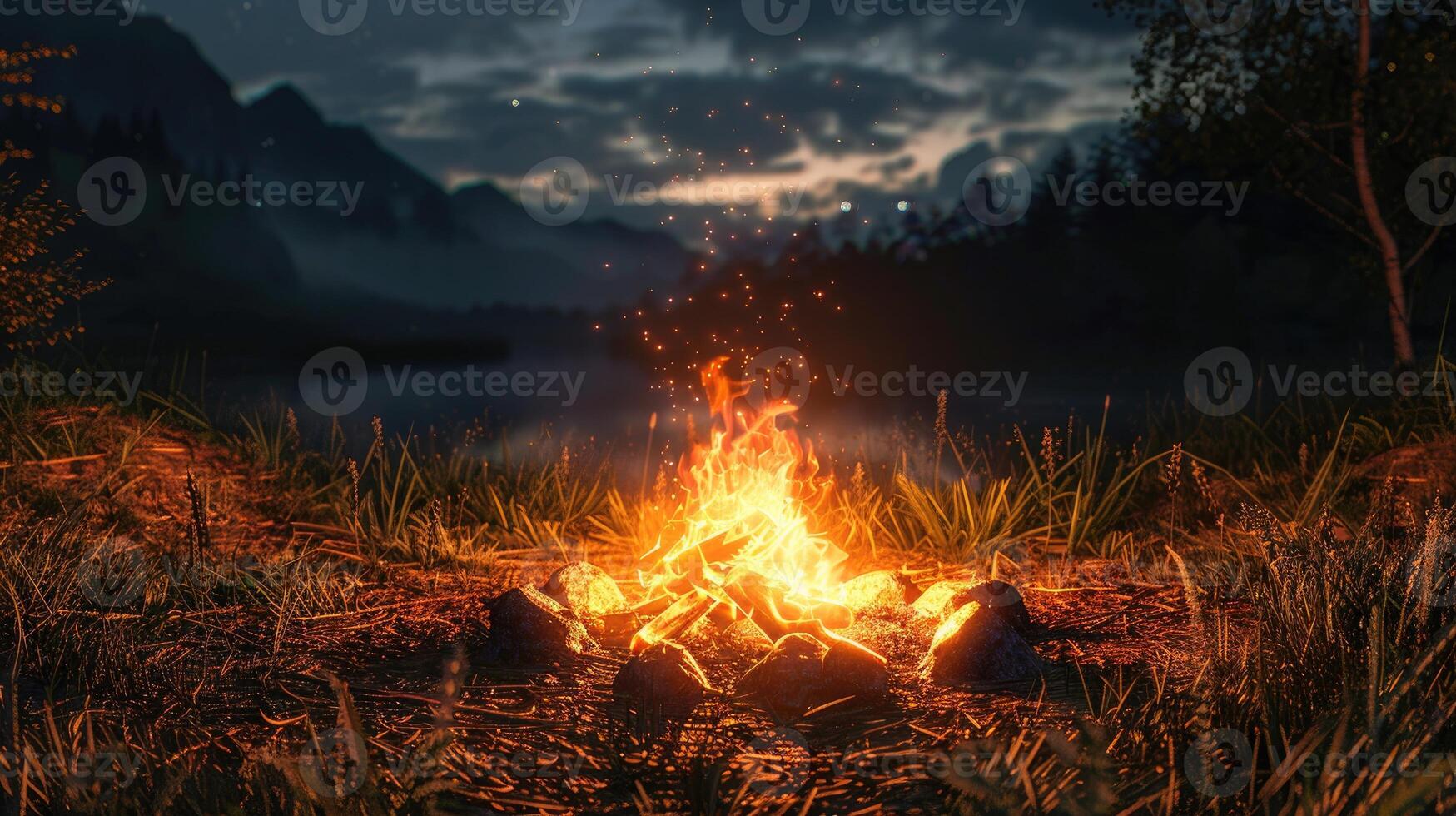 Blazing campfire in a dark forest at night photo