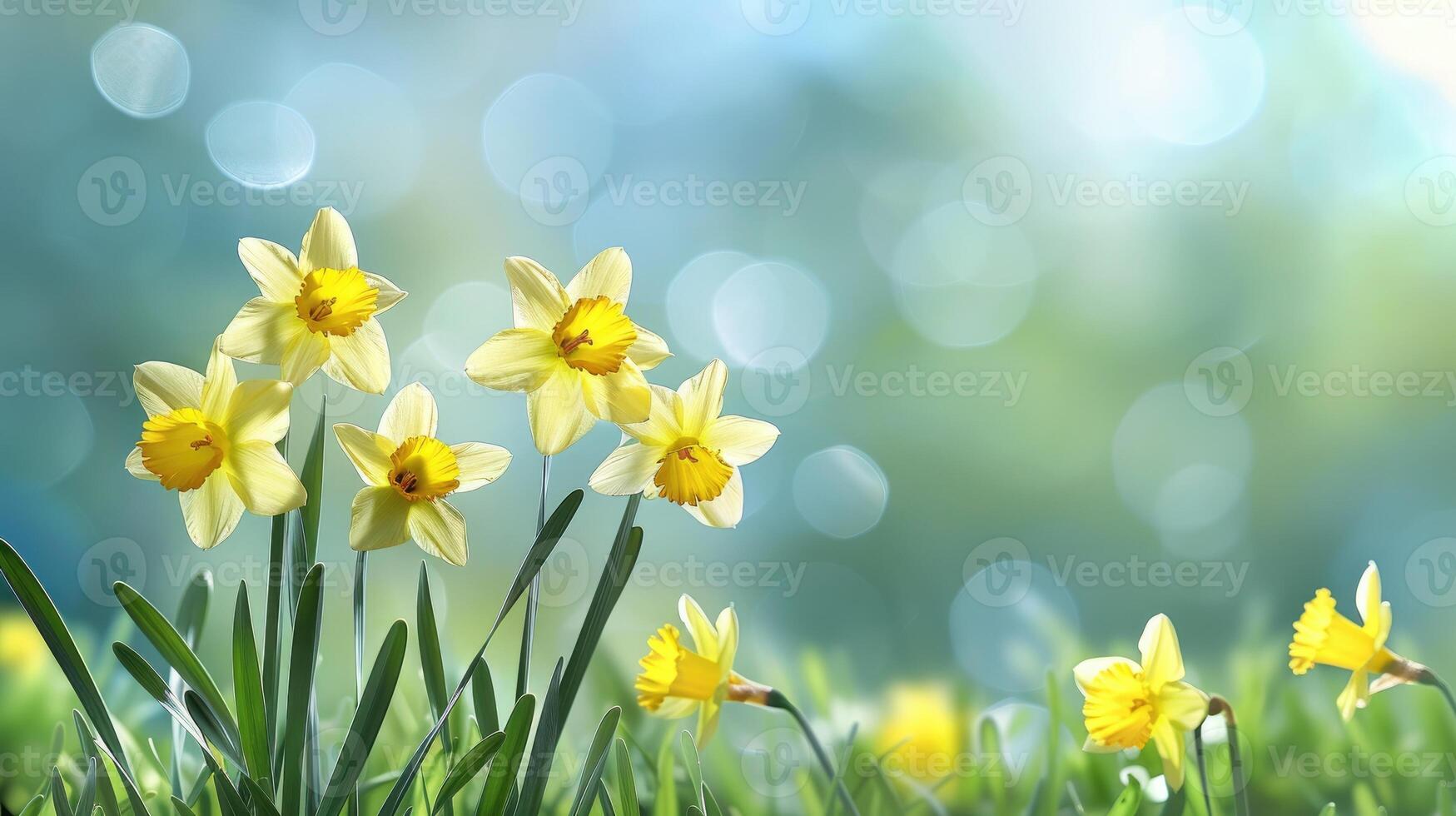 Beautiful panoramic spring nature background with daffodil flowers photo