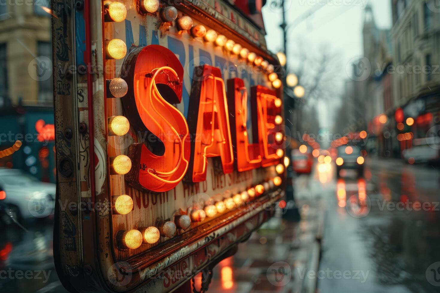 Bright red sale sign with lights photo