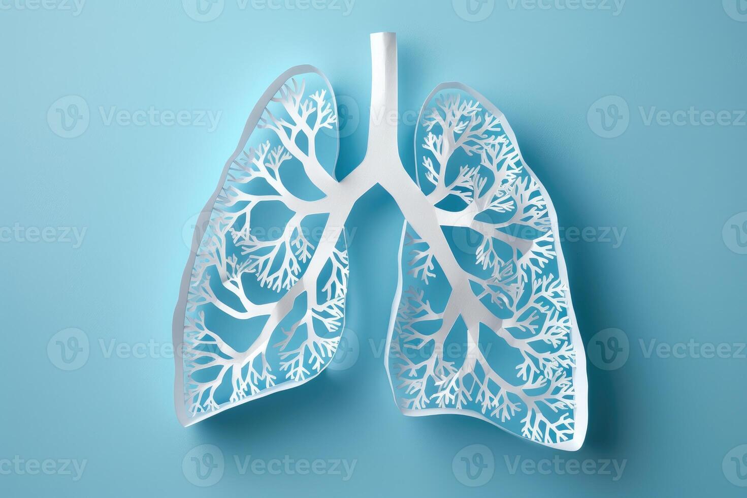 Paper model of human lungs on light blue background. Respiratory health, health diagnostic concept. World no tobacco day. photo