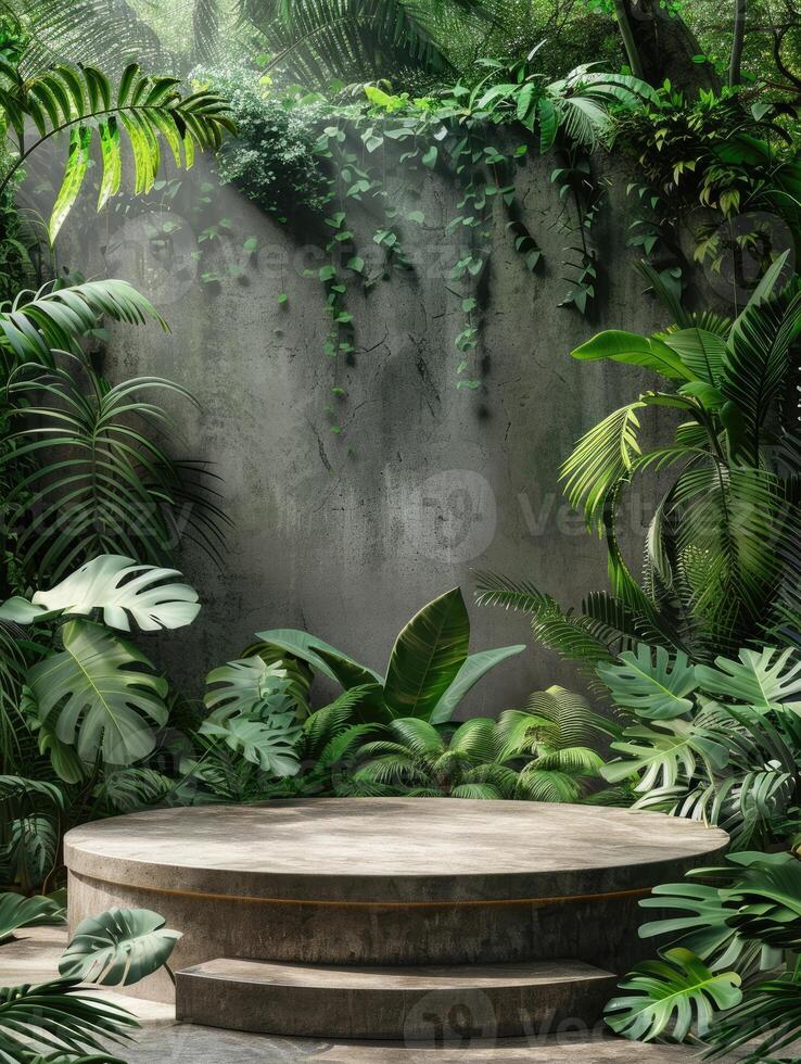 Minimalist concrete podium in the midst of lush green foliage inside a tropical greenhouse photo