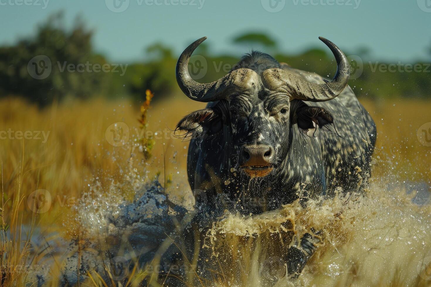 Angry buffalo in water in Africa photo