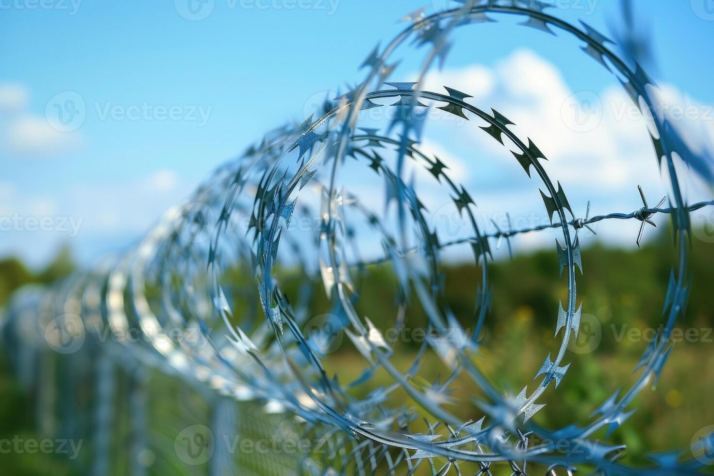 Barbed and razor wire fence. Fencing the state border against immigration photo