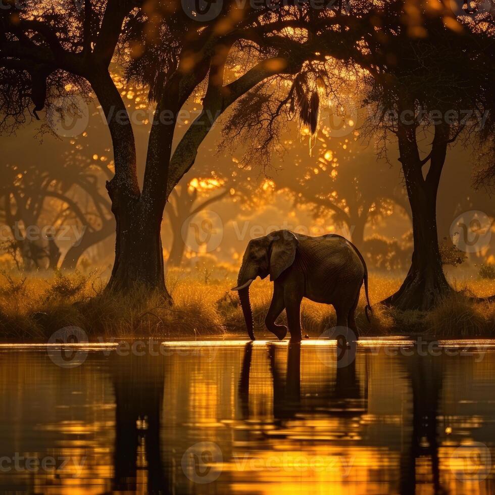 Majestic African elephant standing by the water against an orange sunset in the savannah photo