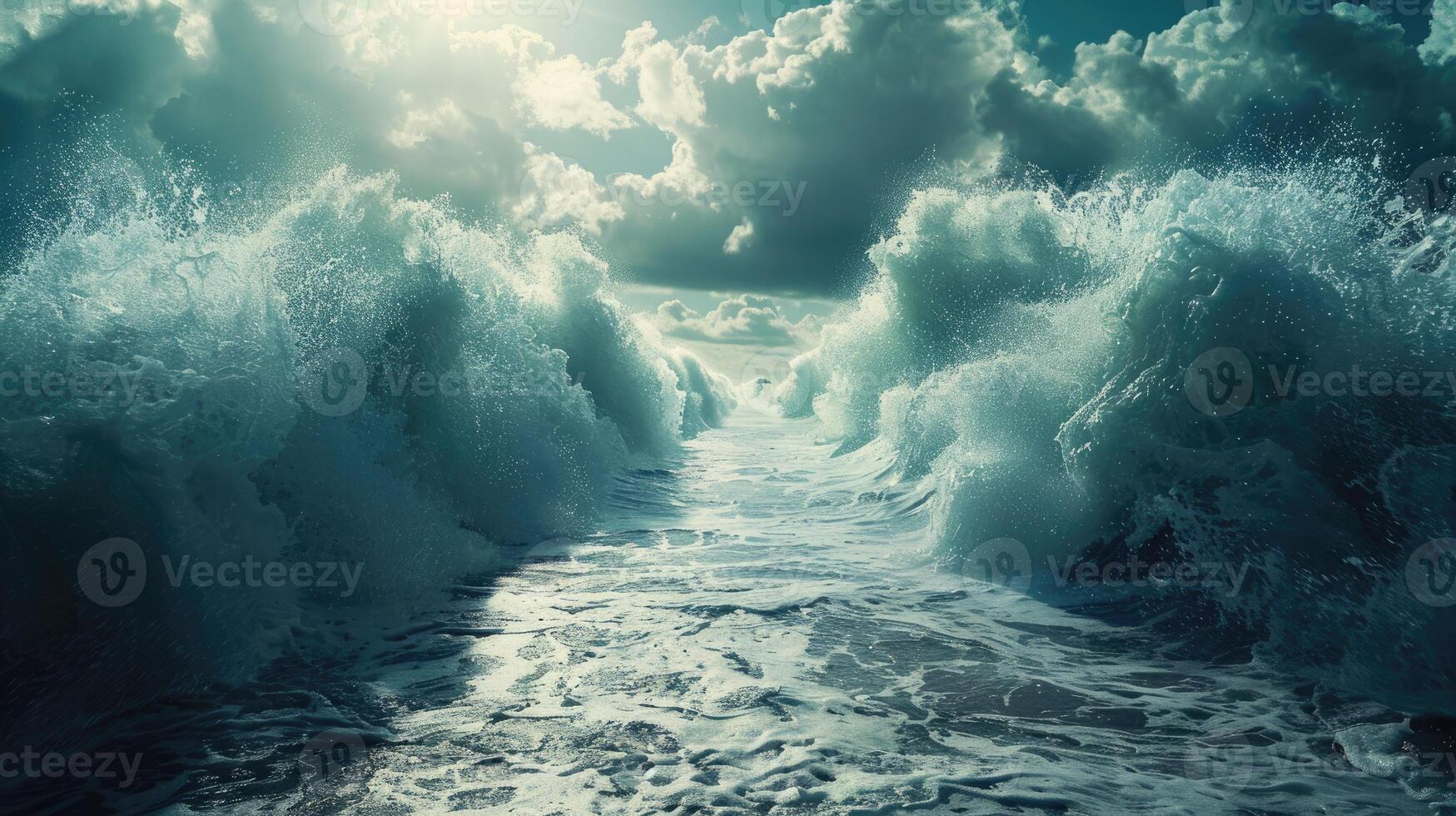 Ocean separate up to form canal. Bible miracle of Moses parting red sea for passage photo