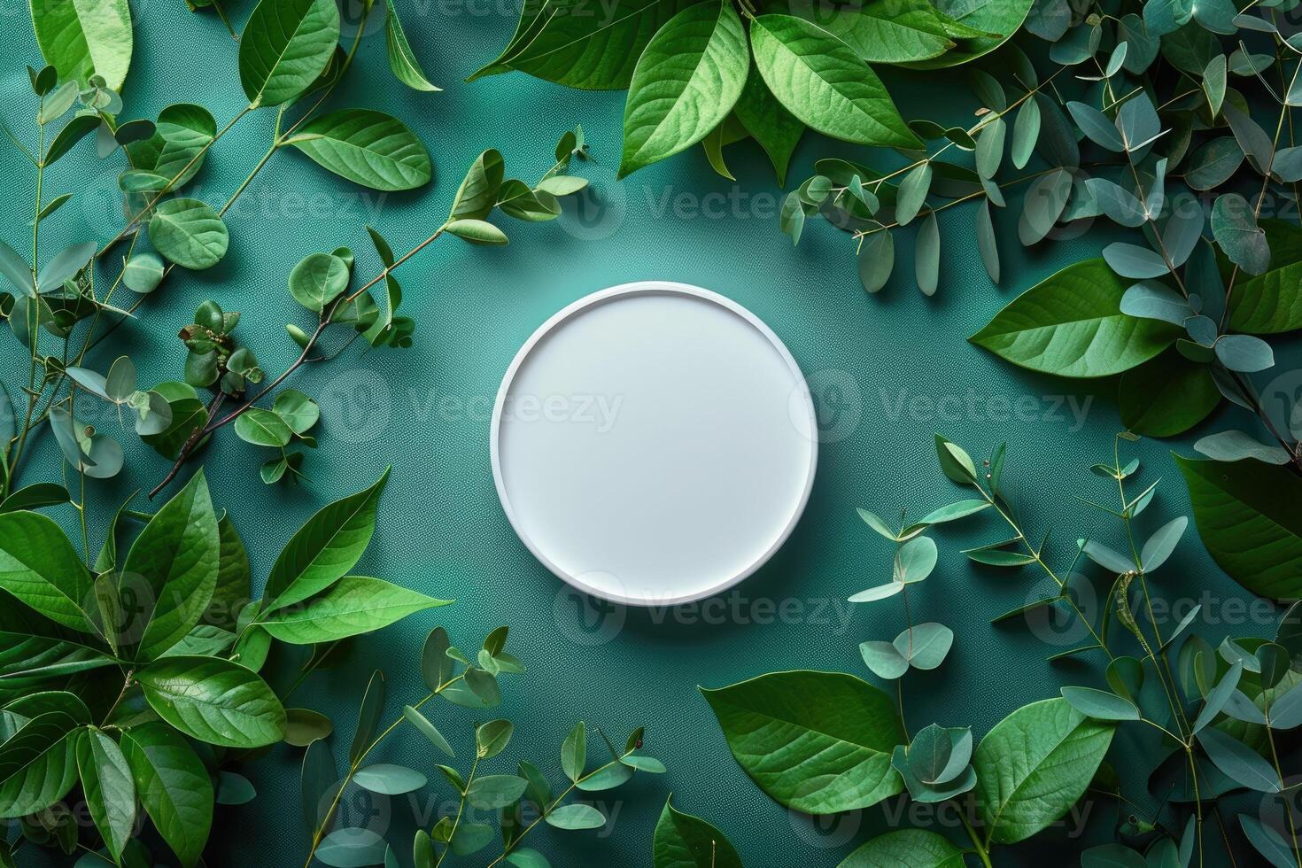Minimalistic image displaying a cream empty plate surrounded by various green leaves on a teal background photo
