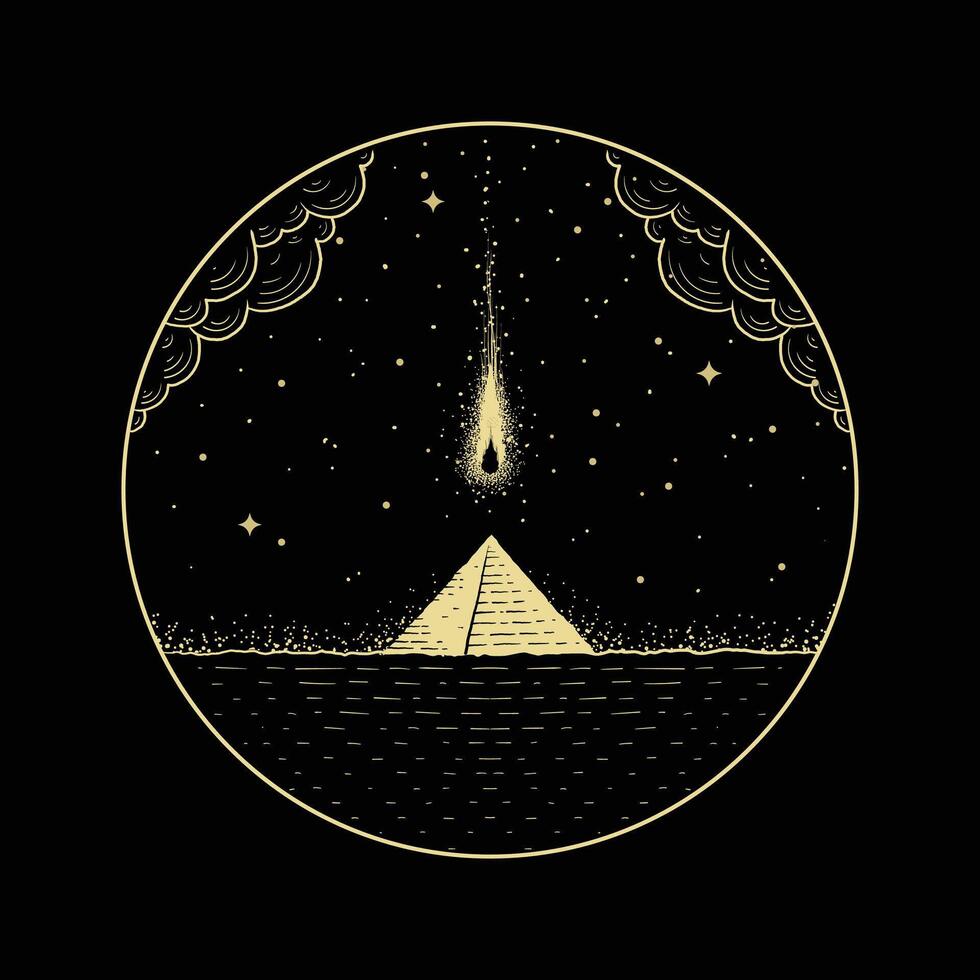 Pyramid at night with a shining shooting star. vector
