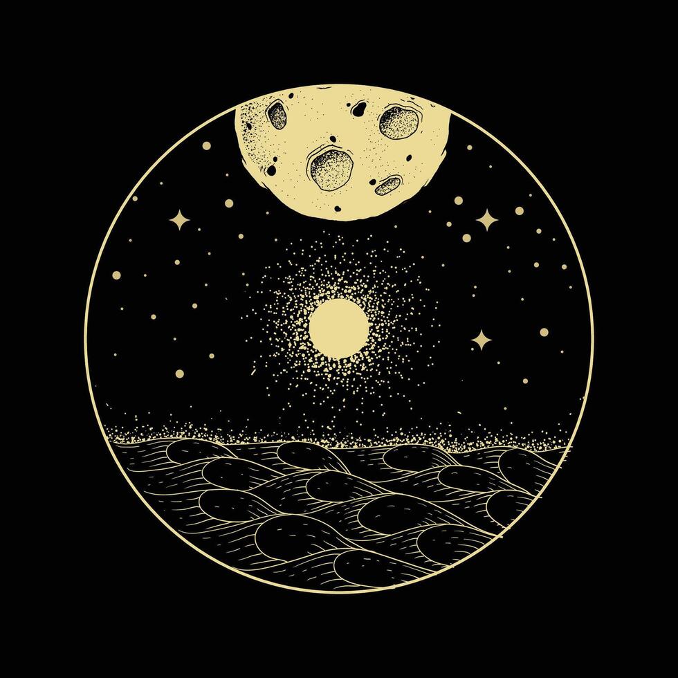 Panoramic landscape on another planet with a sky adorned by a symmetrical sun and moon. vector