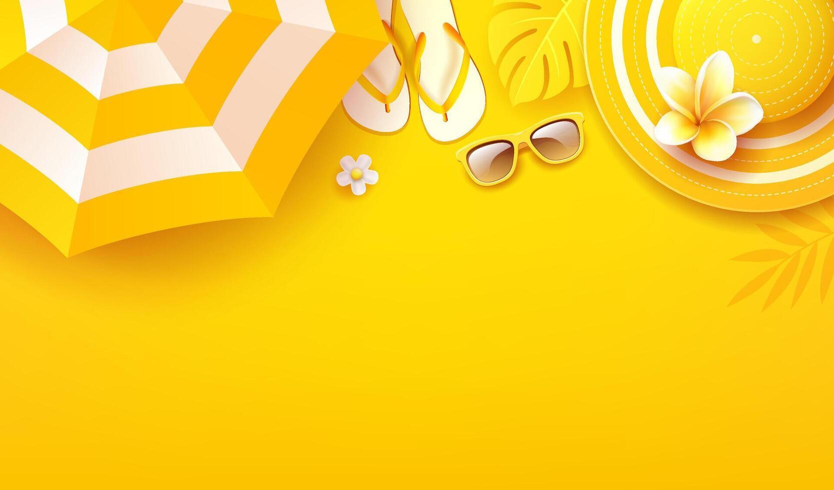 Summer holiday poster banner, beach umbrella, yellow sun hat, yellow flip flops, realistic design on yellow background vector