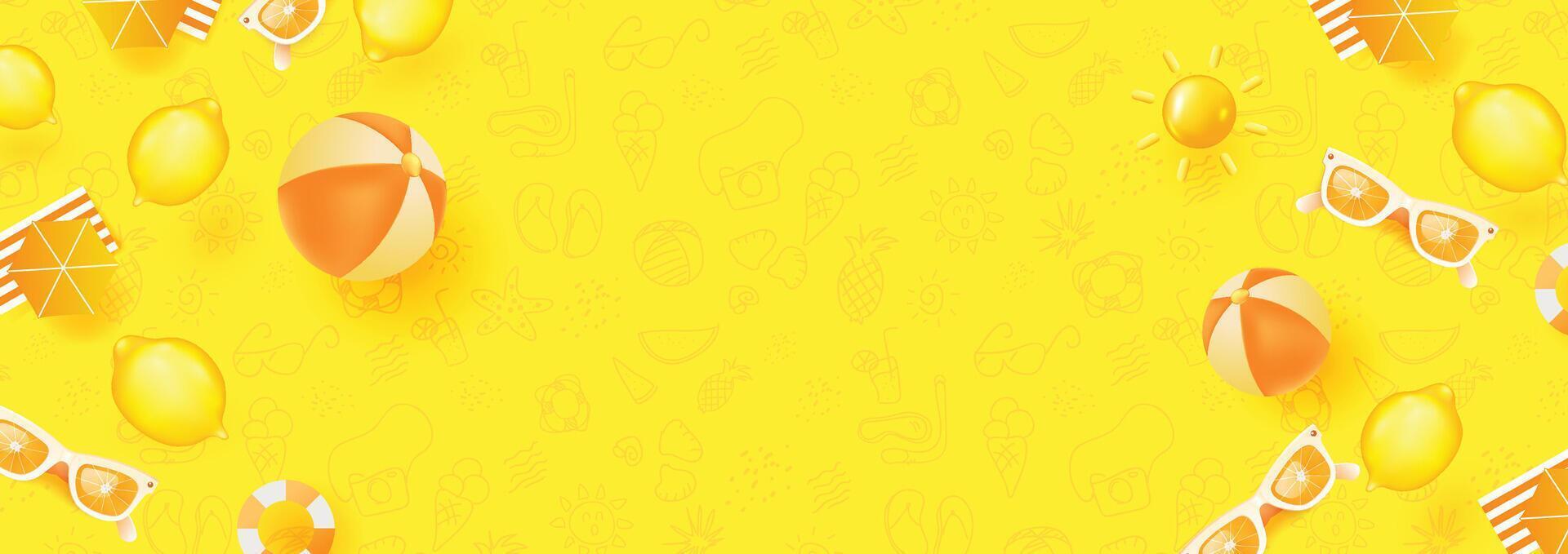 Summer banner tropical beach vibes yellow background with hand drawn summer icons and copy space vector