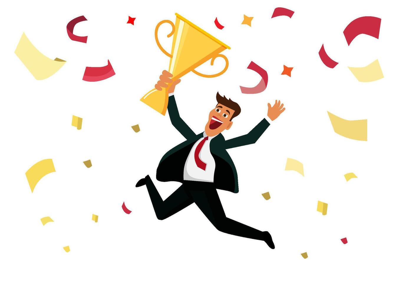 The business man was celebrating and jumping with a trophy in his hand, enjoying business victories. Business concept success illustration vector
