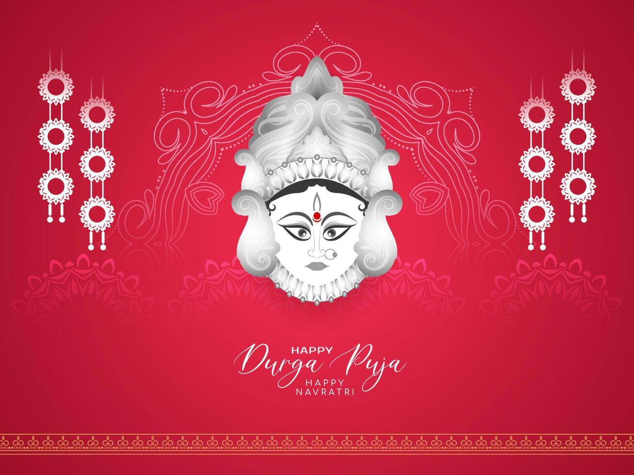 Durga Puja and Happy navratri festival card with goddess durga face design vector