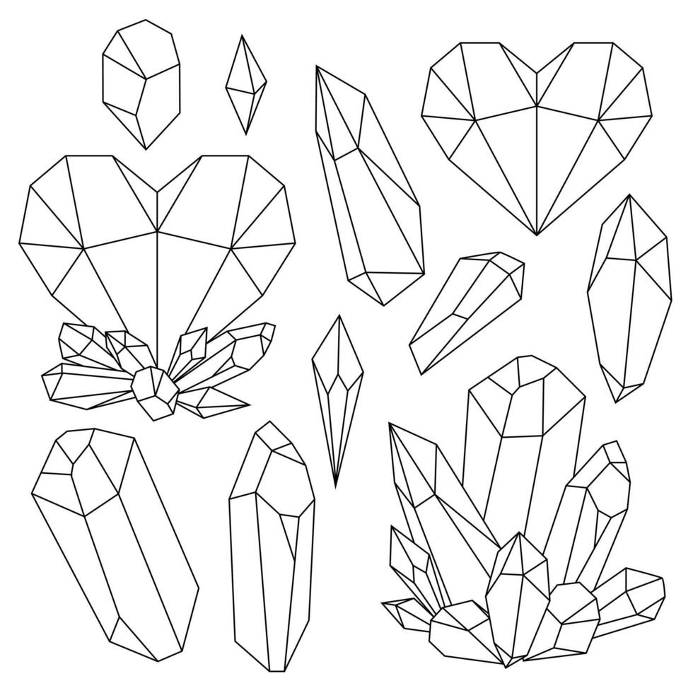 Doodle Magic Stones. set of crystals, modern illustrations of black line art crystals vector