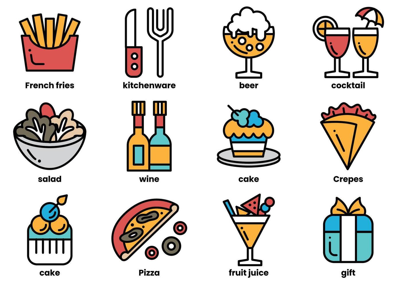 A set of food and drink icons, including a pizza, a salad, a cake, a wine bottle vector