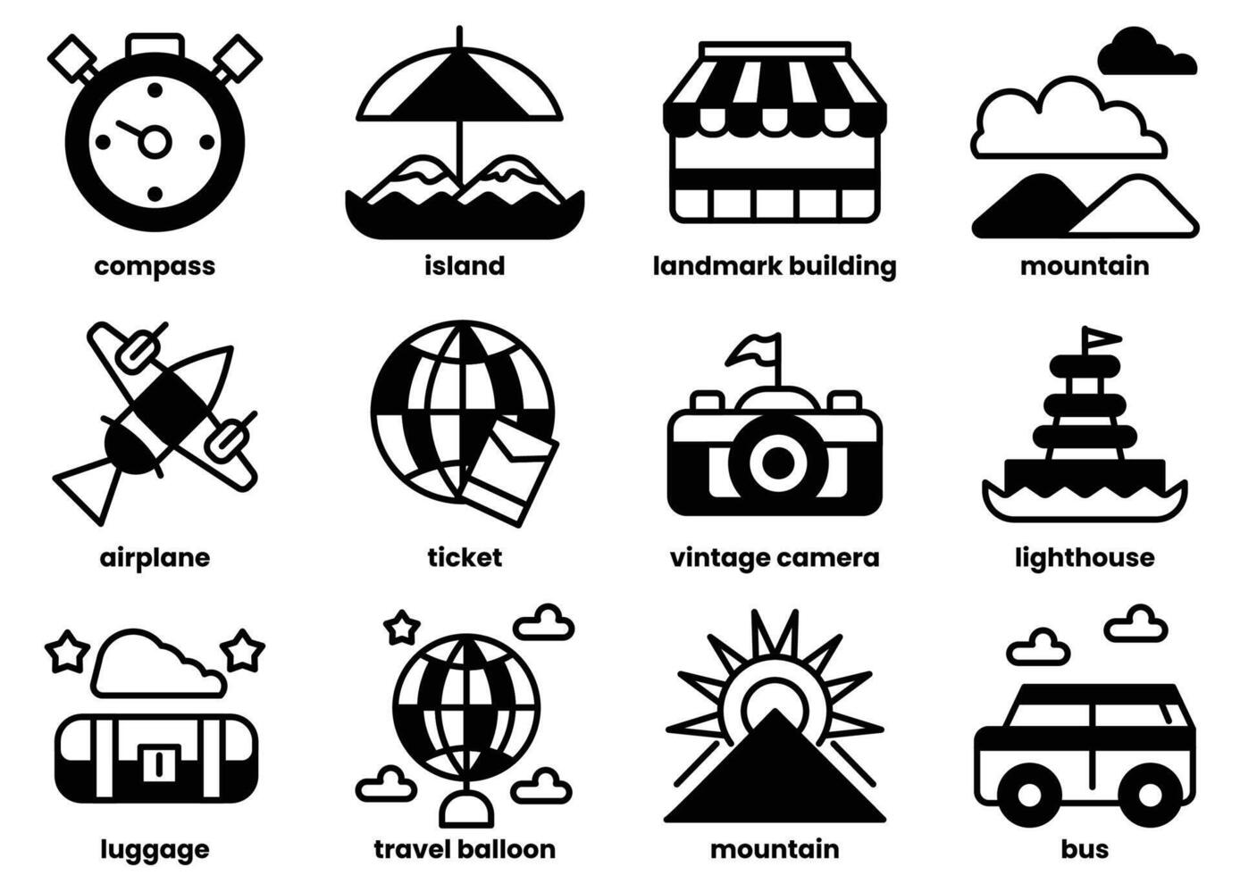 The image is a collection of various travel-related icons, including airplanes vector