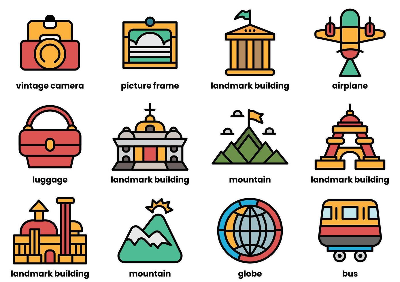 A variety of travel-related icons, including airplanes, suitcases, and landmarks vector