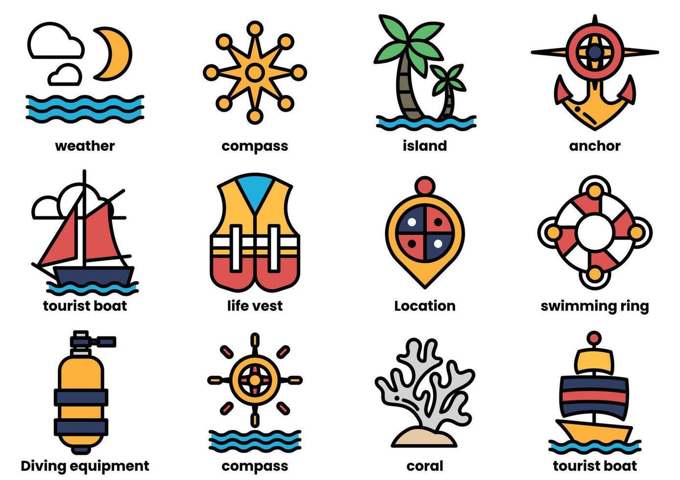 A variety of water-related icons, including a life vest, a compass, a boat vector