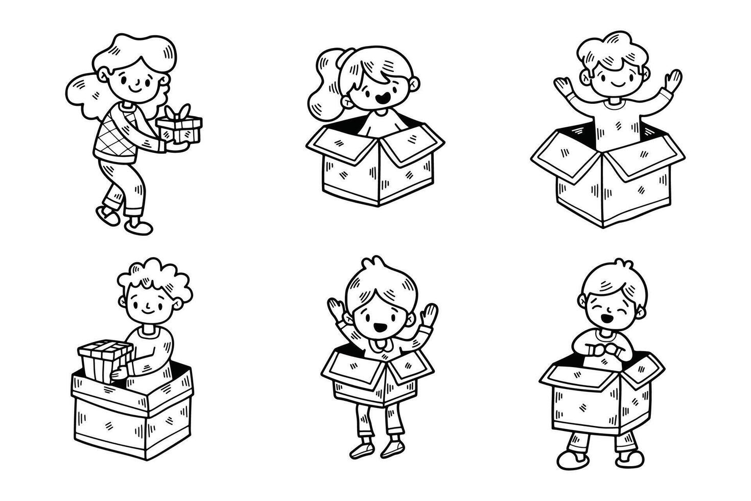 child with gift box Hand drawn illustrations in line art style vector