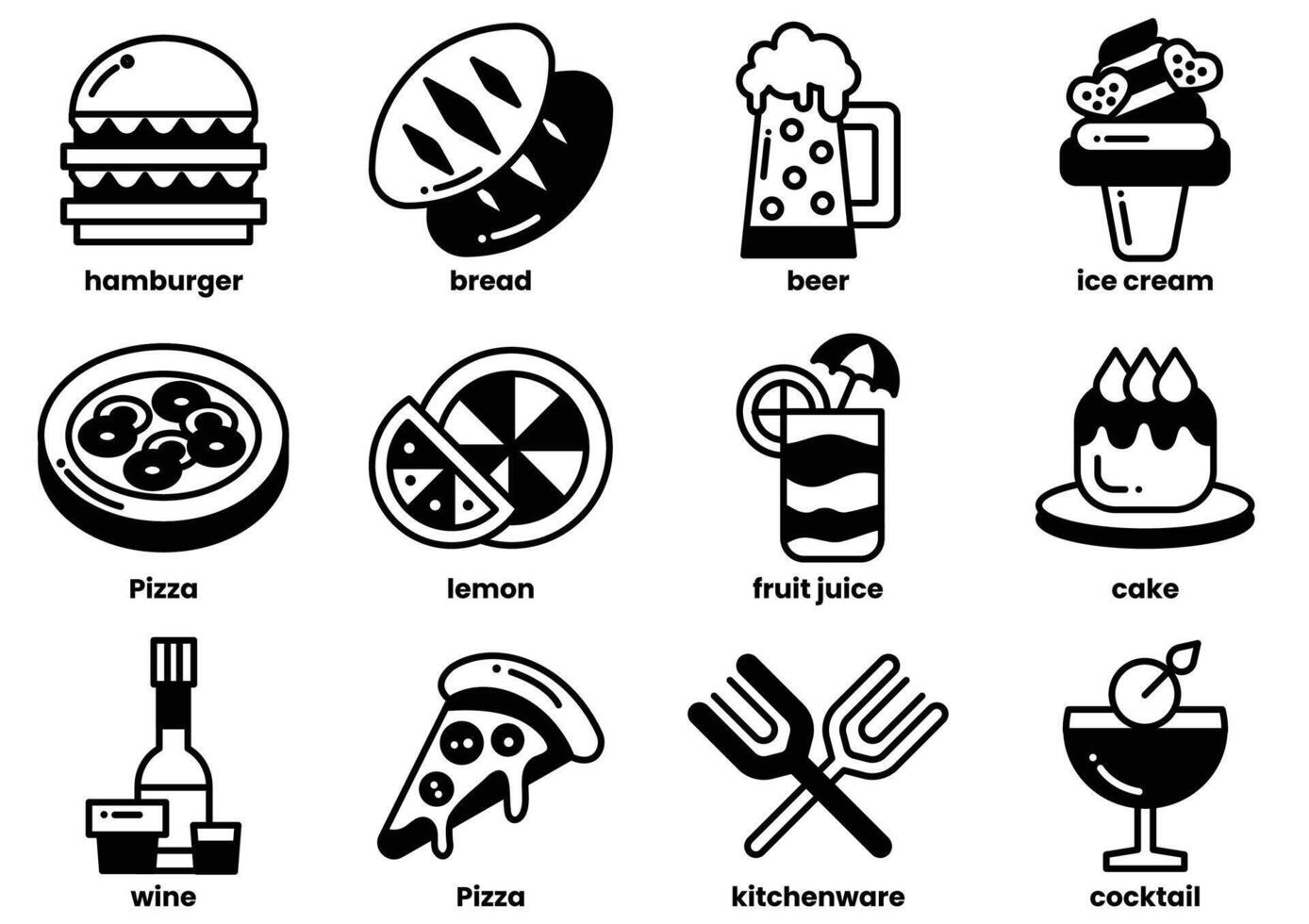The image is a collection of food and drink icons, including pizza, cake, wine vector